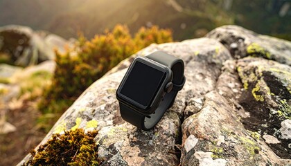 Black Smartwatch on Rocky Surface with Green Moss and Blurred Mountain Backdrop in Sunlight