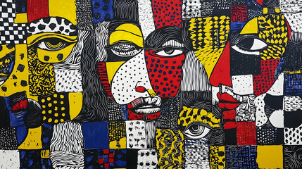 Colorful abstract faces,  patchwork design, bold colors and patterns.  Detailed expressions, mixed media style