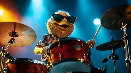 Digital illustration of a comical ostrich drummer performing on stage with illuminated drums.