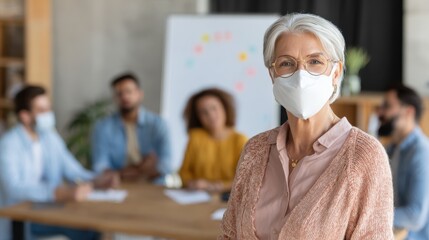 Old female mentor coach wearing face mask training young workers at group meeting in reopen office. Middle aged businesswoman teacher working with students at university class. Social distance concep