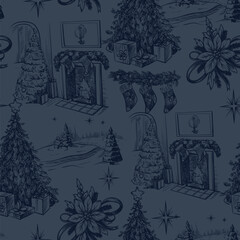 Seamless pattern with Santa, fir trees and other Christmas elements in toile style. Vector.