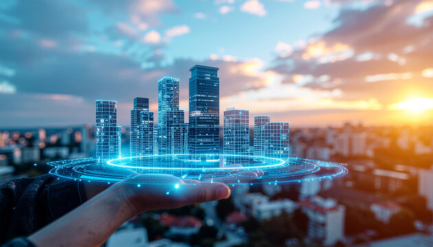 Digital twin smart city interface in holographic projection, overlaid with augmented reality grids and buildings, minimalism lab setting.