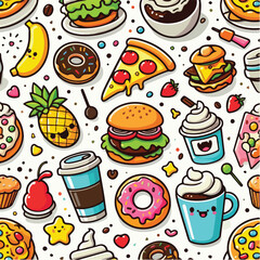 Seamless vector pattern of cute food icons like burger, pizza, coffee, and donuts. Bright colors, flat style, on white background.