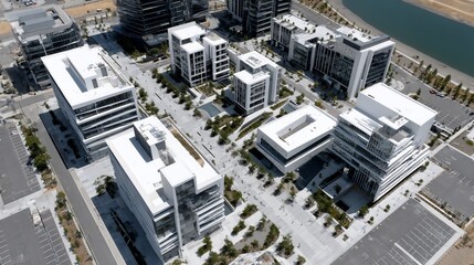 Aerial view of modern, multi-building campus with plazas and parking