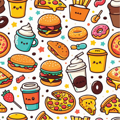Seamless vector pattern of cute food icons like burger, pizza, coffee, and donuts. Bright colors, flat style, on white background.