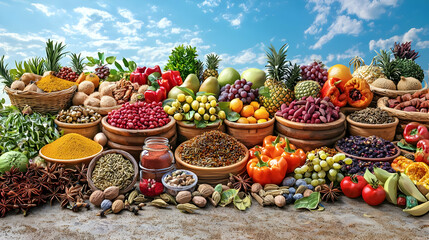Vibrant array of fresh fruits, vegetables, and spices against a bright blue sky.  A bounty of colorful herbs, spices, and produce displayed in wooden bowls and jars
