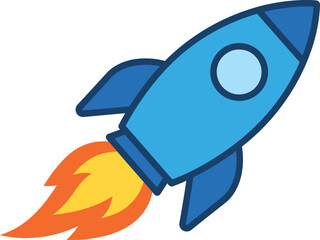 A blue cartoon rocket with orange flames, represents speed, innovation, and progress