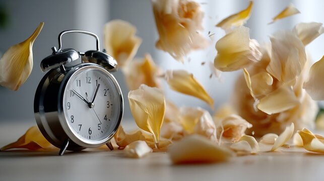 Alarm clock amidst falling peach-colored rose petals, evoking fragility and time