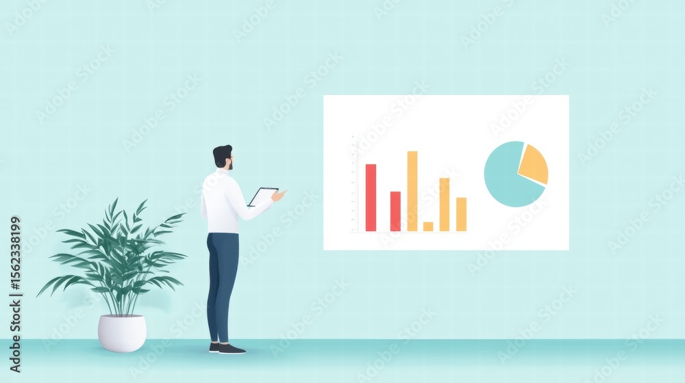 Poster management bar graph and pie chart a person presenting bar graphs and pie charts on a projector scre
