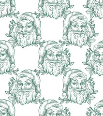 Seamless pattern with Santa, fir trees and other Christmas elements in toile style. Vector.