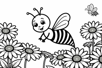 Bee Coloring Page for Kids-Adorable Bee Illustration-Cute Insect in a Flower Garden-Fun Activity for Children-Printable Bee Drawing for Coloring Enthusiasts