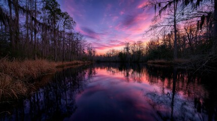 Swamp reflects colorful twilight sky in Louisiana, United States