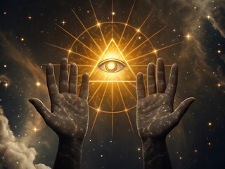 A mystical eye symbol shines between outstretched hands against a starry sky