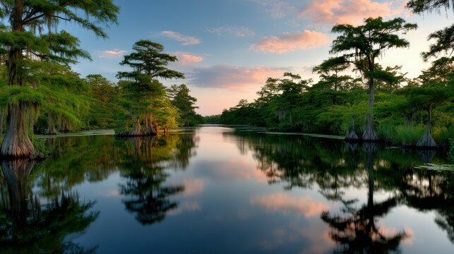 Louisiana swamp reflecting trees and sunset in calm water