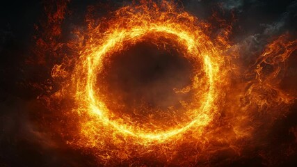 Bright flaming ring with intense orange glow on dark smoky background, showing concept of energy vortex or magical portal in fire - Powered by Adobe
