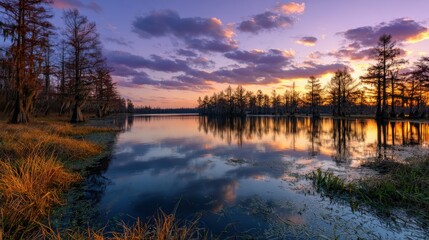 Beautiful sunset reflects on calm water in Great dismal swamp