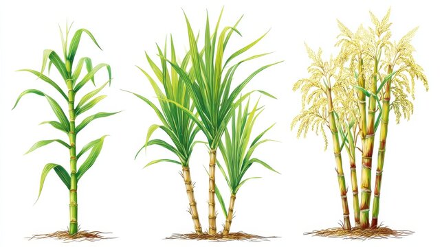 Sugar plant agricultural crops, cane leaf, sugarcane juice vector icons. Sugar cane, sweet plant, natural green stem illustration, no logos, no brands