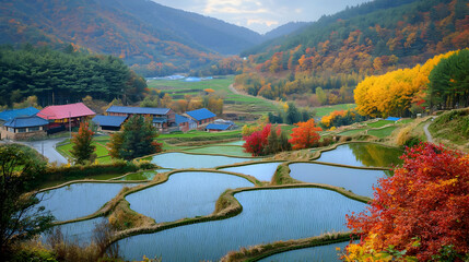 Autumnal valley with colorful terraced rice paddies and charming houses nestled amongst vibrant foliage. Lush green, gold,