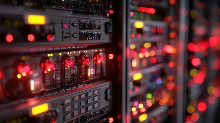 Obraz premium Close-up view of illuminated server rack components showcasing vibrant lights and controls
