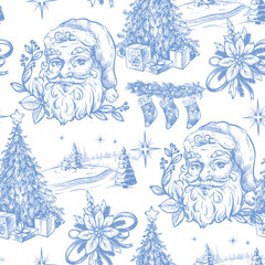 Seamless pattern with Santa, fir trees and other Christmas elements in toile style. Vector.