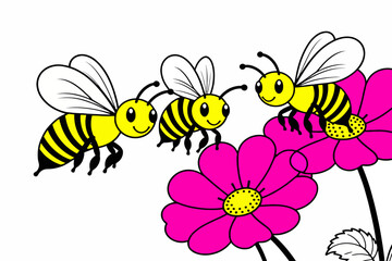 Fototapeta premium Cute Cartoon Bees on Pink Flowers Illustration - Children's Art Print - Honey Bee Graphic Design - Springtime Drawing for Kids- Bee artwork