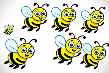 Fototapeta premium Cute Cartoon Bees Flying Illustration - Adorable Bee Clipart for Kids - Yellow and Black Striped Bees with Blue Wings - Vector Graphic of Happy Bees for Design Projects