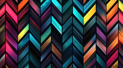 Abstract chevron pattern with vibrant, overlapping,  geometric shapes.  Multicolored  stripes form a  dynamic design
