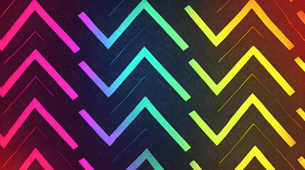 Vibrant, colorful chevron pattern with glowing, angled lines on a dark background.  The lines create a sense of movement and depth, with a spectrum of  neon colors.  