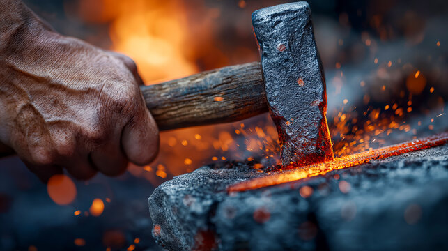 Dramatic close-up of a blacksmith forging metal with sparks flying and glowing heat