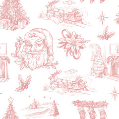 Seamless pattern with Santa, fir trees and other Christmas elements in toile style. Vector.