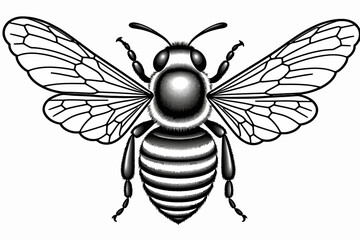 Fototapeta premium Detailed Bee Illustration- Black and White Honeybee Graphic- Intricate Wing Veins- Fuzzy Body Texture- Nature Artwork- Insect Drawing- Pollinator Image