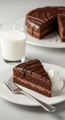 Decadent Chocolate Cake Slice with Milk