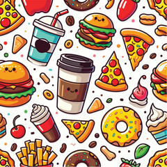 Seamless vector pattern of cute food icons like burger, pizza, coffee, and donuts. Bright colors, flat style, on white background.