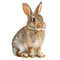 Eastern cottontail rabbit sitting with upright ears and fluffy tail, state mammal of Missouri, transparent background
