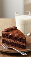 Decadent Chocolate Cake Slice with Milk