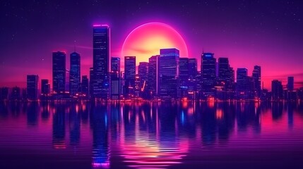 Fototapeta premium Digital illustration of a cityscape reflected in water under a vibrant pink sunset.