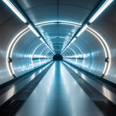 Obraz premium Futuristic underground city with advanced light tunnels and robotic maintenance systems, glowing in low light.