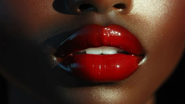 Close-up of shiny red lips on smooth dark skin, realistic photography style, dramatic lighting background, concept of beauty and glamour