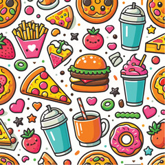 Seamless vector pattern of cute food icons like burger, pizza, coffee, and donuts. Bright colors, flat style, on white background.
