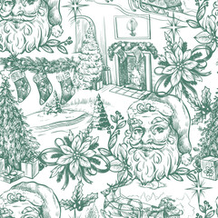 Seamless pattern with Santa, fir trees and other Christmas elements in toile style. Vector.