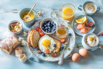 Assorted healthy breakfast with yogurt, berries, croissants and honey on table. Light Summer Breakfasts, concept of healthy and balanced eating