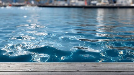 Obraz premium Calm blue water near a wooden dock, boats in background