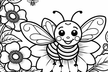 Obraz premium Cute Bee Coloring Page for Kids- Printable Bee on Flower Design- Fun Insect Coloring Activity- Easy Black and White Outline for Children
