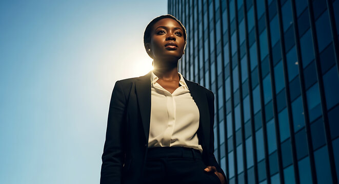 Confident businesswoman in a modern city setting, bathed in sunlight.