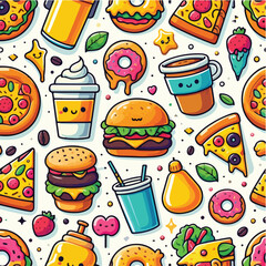 Seamless vector pattern of cute food icons like burger, pizza, coffee, and donuts. Bright colors, flat style, on white background.