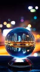 Night cityscape reflected in crystal ball sphere