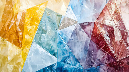 Abstract geometric pattern of translucent,faceted shapes in a spectrum of colors.  Interlocking triangles and polygons create a three-dimensional effect