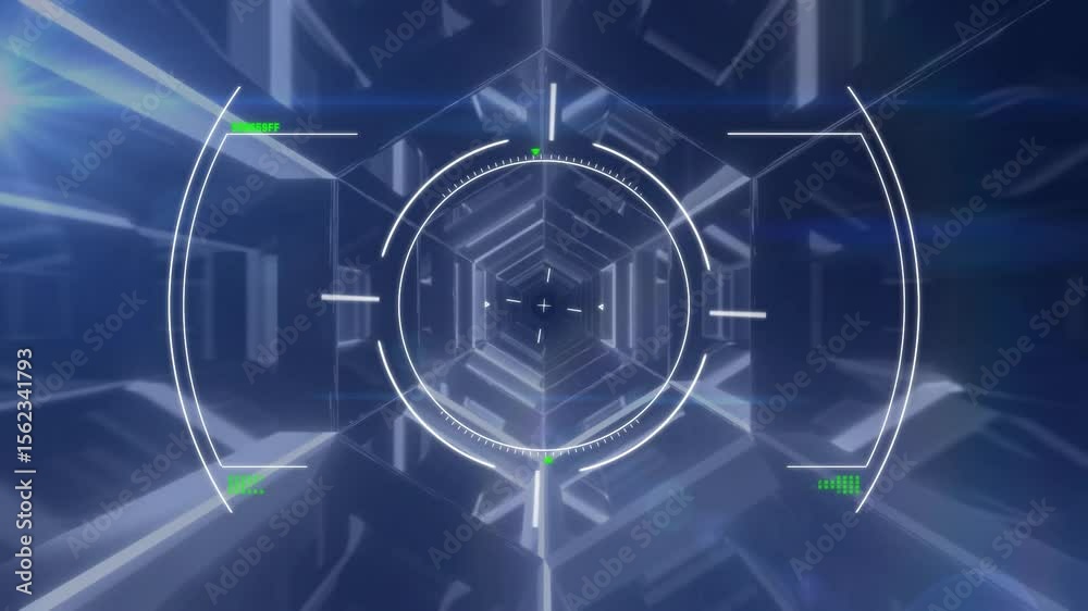 Poster holographic hud fading in then rotating and glitching through hexagonal tunnel to scan data
