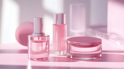 3D render of translucent pink bottles and containers on a reflective pink surface.