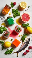 Vibrant food arrangement with fish, fruits, jars, and herbs on marble surface